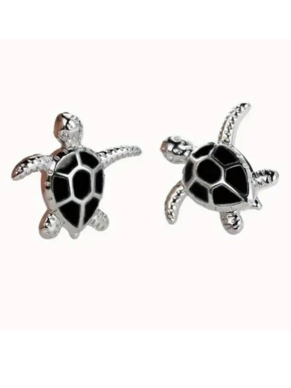 Sea Turtle Earrings Enamel Studs Silver Black Dainty Inlayed Onyx Fun Minimalist